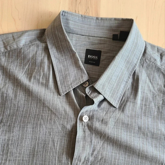 🇩🇪HUGO BOSS Grey Shirt, Light  Blue Lines - Picture 2 of 10